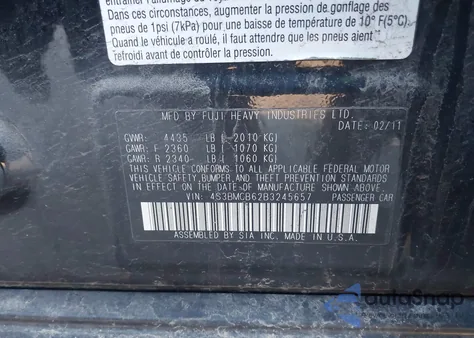 2011 Subaru Legacy 2.5I Premium from USA, damaged, VIN 4S3BMCB62B3245657